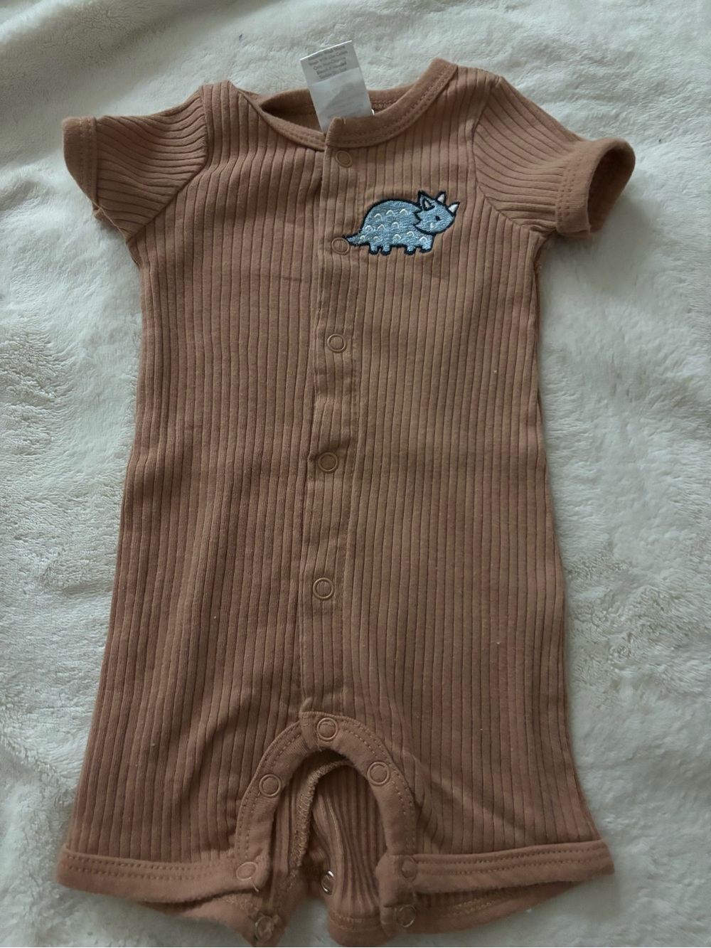 Toddler Ribbed One-Piece Bodysuit in Tan with Dino Patch